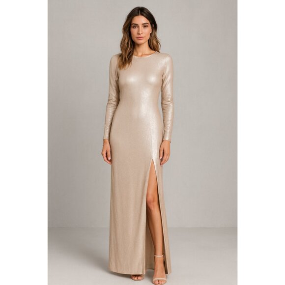 Halston Heritage Buff & Gold Long Sleeve Sequin Maxi Gown Size 8 - Picture 1 of 12